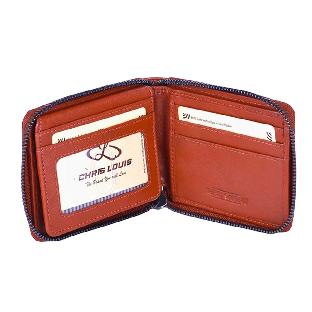 Chris Louis tan genuine leather RFID protected around zipper wallet with 10 card slots and ID window.