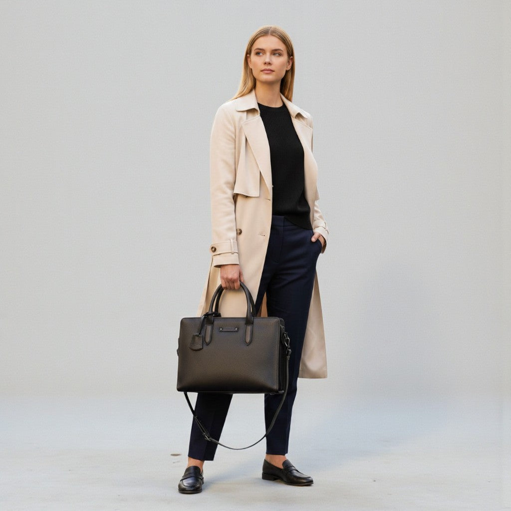 Chris Louis Tokyo Executive Bag, a black pebbled leather 2-in-1 briefcase with detachable laptop case and trolley strap.