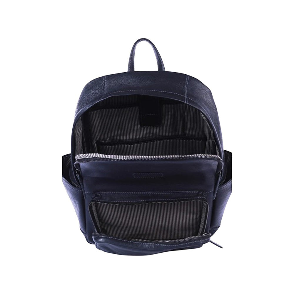 Chris Louis Wollaby backpack in black genuine leather with multiple pockets and laptop compartment.