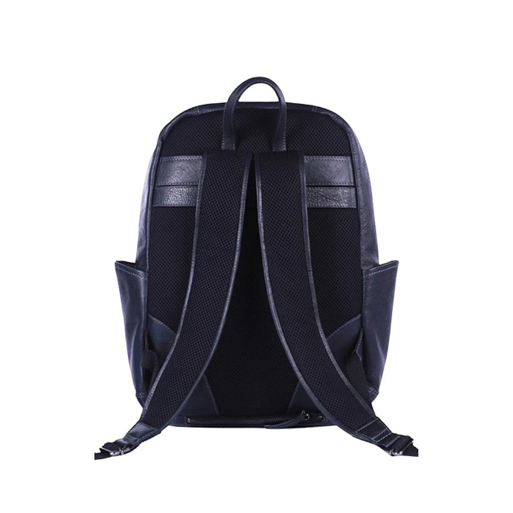 Chris Louis black leather Wollaby backpack with padded straps, mesh back, side pockets, and trolley strap.