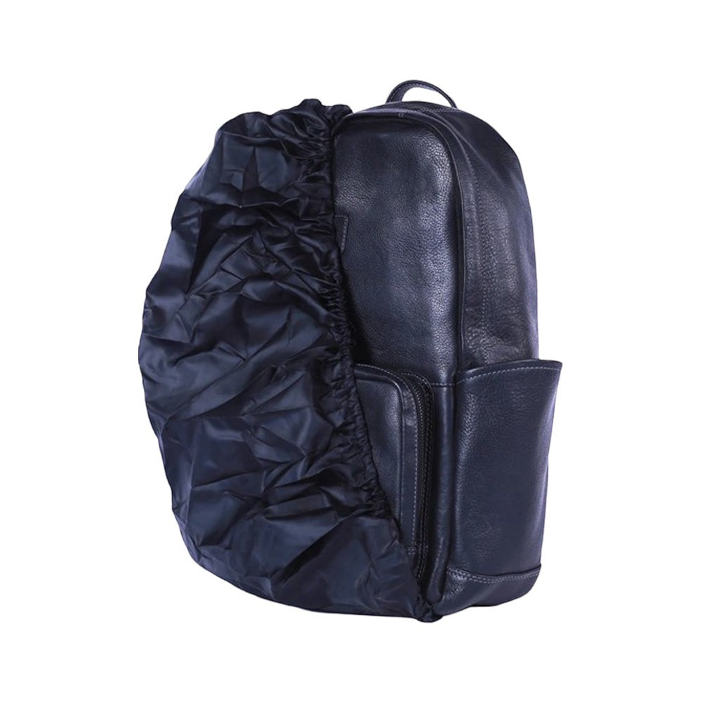 Chris Louis black leather Wollaby backpack with multiple pockets and a rain cover.
