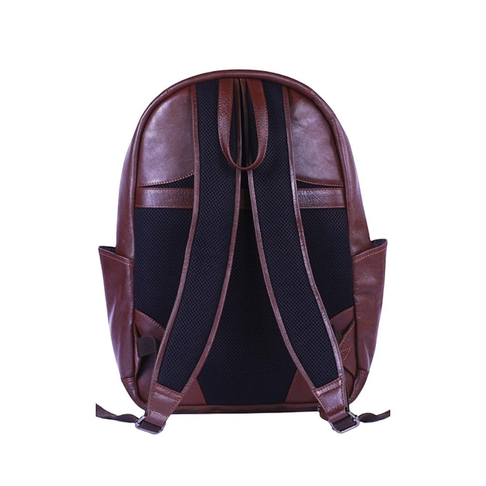 Chris Louis brown leather Wollaby backpack with padded straps and mesh back panel. Features side pockets and a top handle.