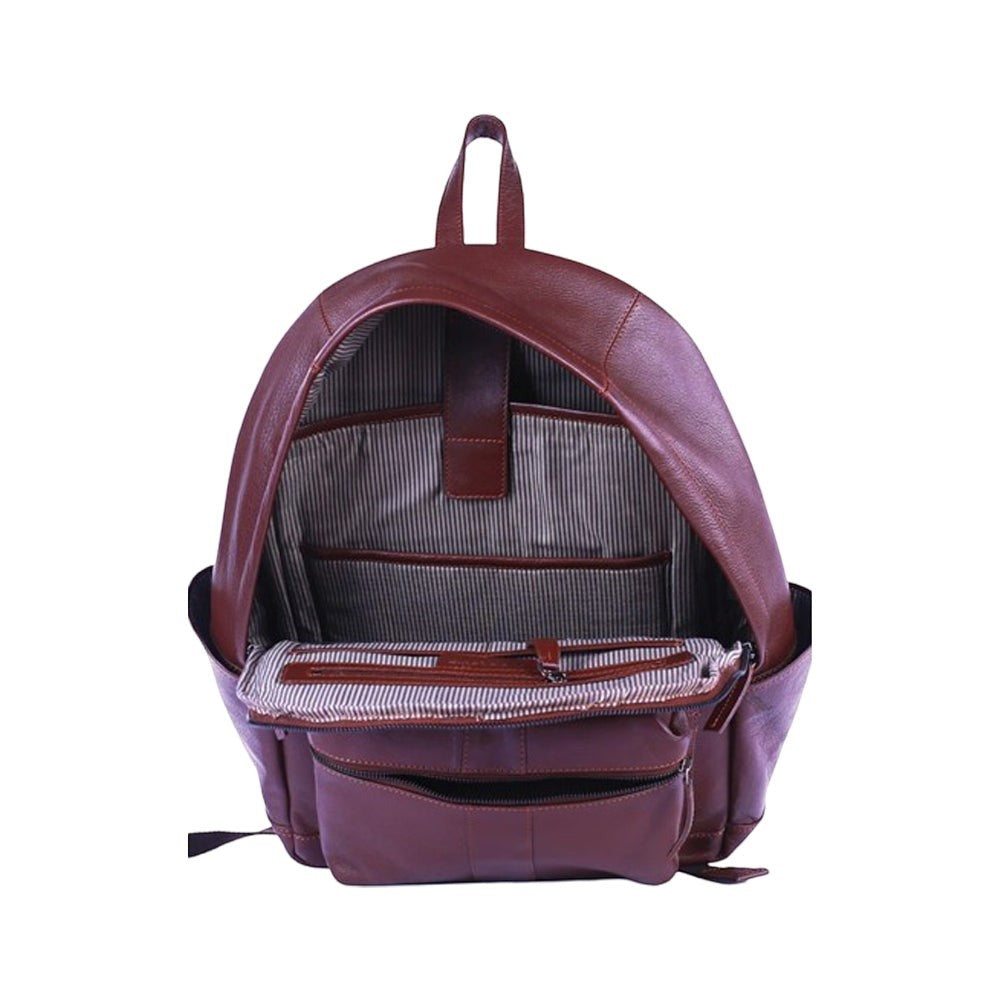Chris Louis brown leather Wollaby backpack with multiple interior pockets and laptop compartment.