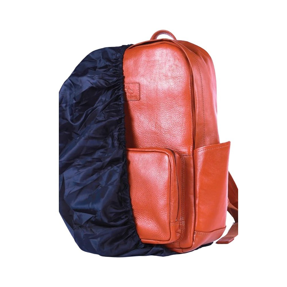 Chris Louis tan leather Wollaby backpack with front and side pockets, laptop compartment, and rain cover.