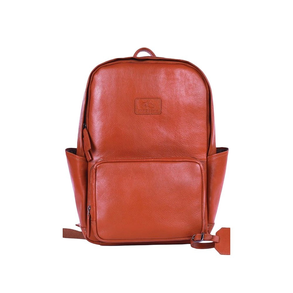 Chris Louis Wollaby backpack in tan genuine leather with multiple pockets and laptop compartment.