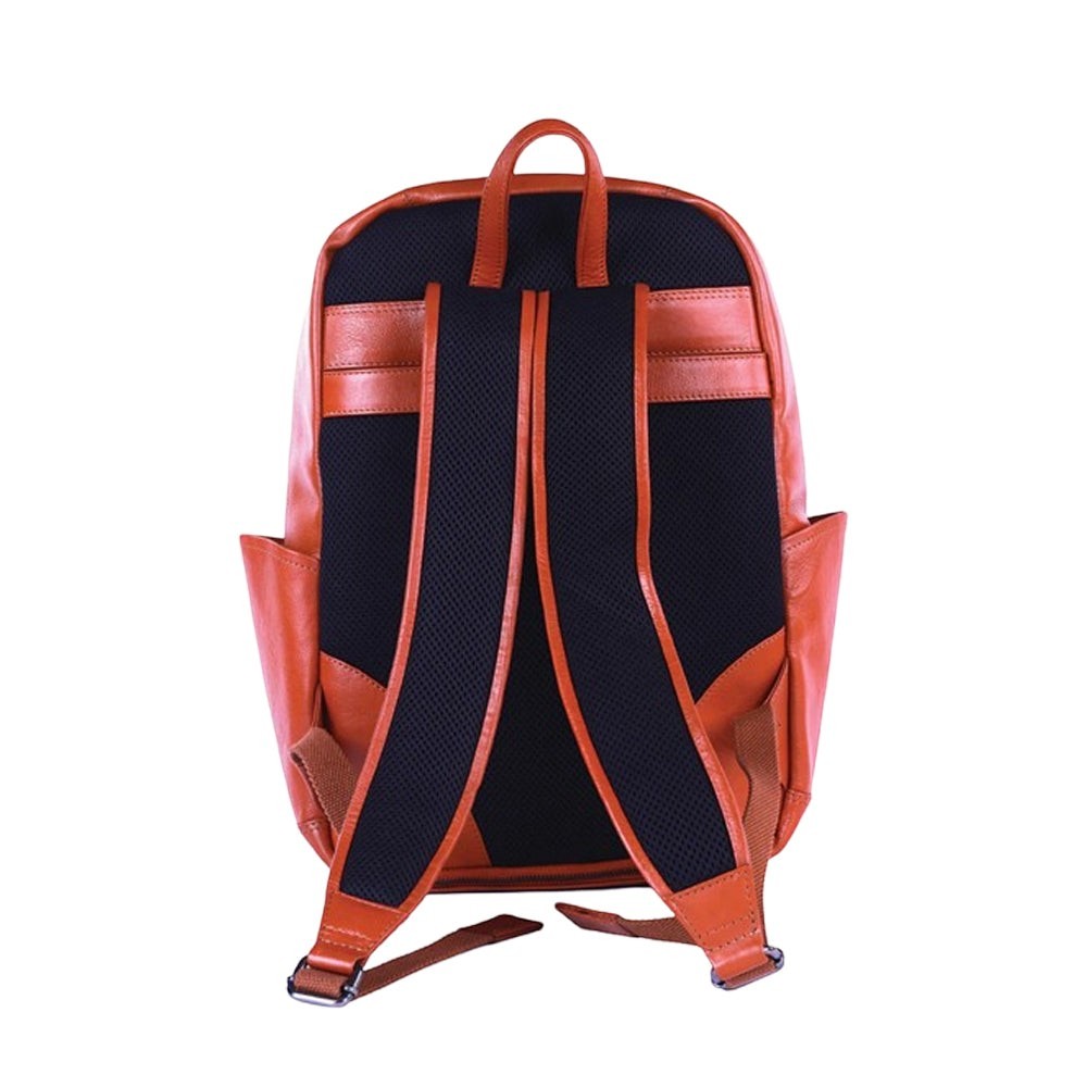 Chris Louis Wollaby backpack in tan leather with padded straps and mesh back panel. Features side pockets and a top handle.