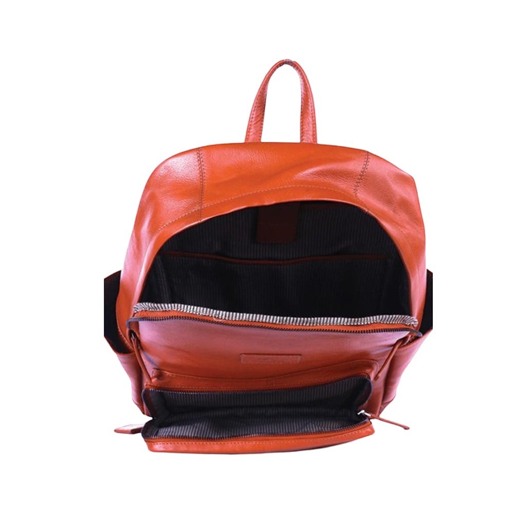 Chris Louis Wollaby backpack in tan genuine leather with multiple compartments and pockets, ideal for school, university, or office.