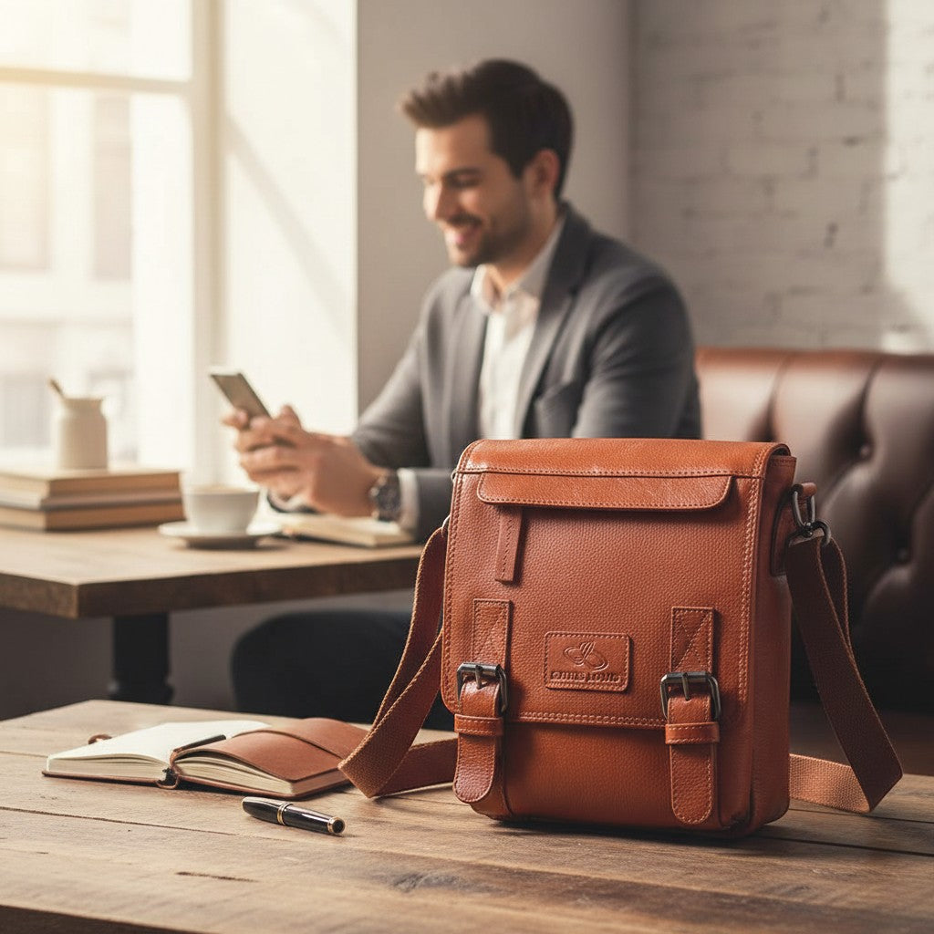 Chris Louis tan genuine leather Wombat cross body travel bag with double roller buckle closure and adjustable strap.