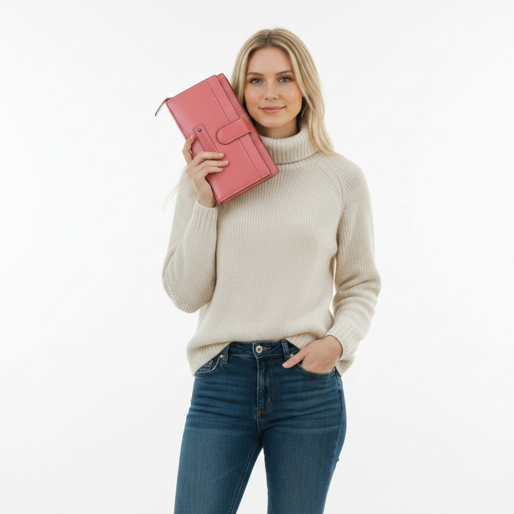 Chris Louis women's zip around wallet in coral pink leather with snap pocket and RFID protection.