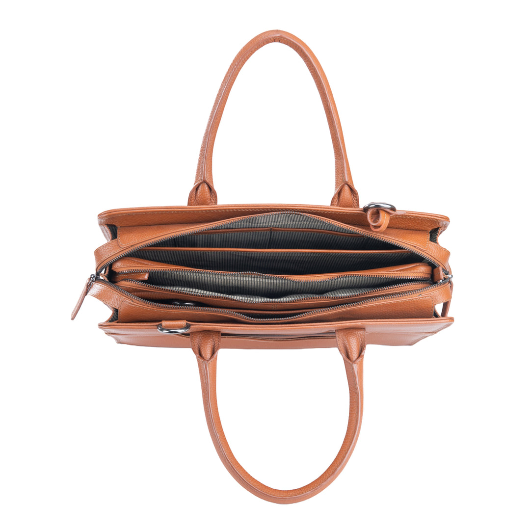 Chris Louis tan genuine leather executive tote bag with multiple compartments and detachable laptop case.